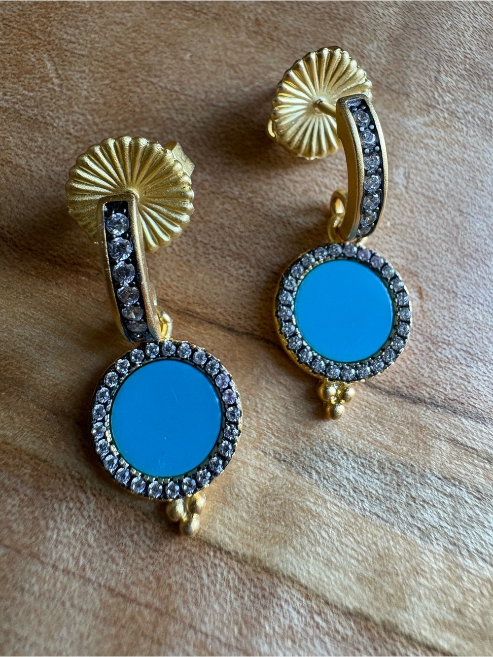 Freida Rothman Gold & Black Turquoise CZ Disc Drop Earrings 925 silver